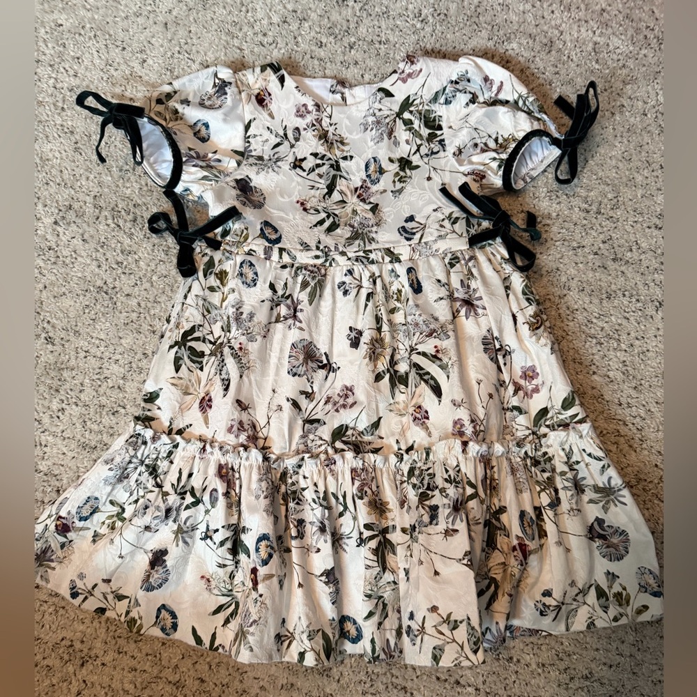 Edgehill Collection tapestry Floral ruffle Dress with green Bows Euc size 5